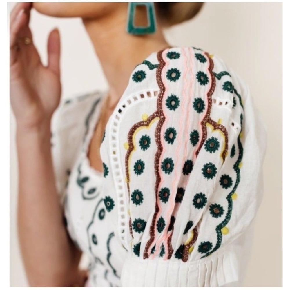 Bohme Embroidered Midi Dress Women S White Eyelet Puff Sleeve Smocked - Picture 4 of 16